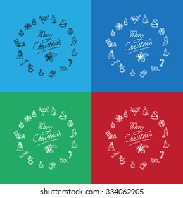 Merry Christmas hand-drawn icons in view wreath. Happy new year symbols. Winter holiday signs. Vector