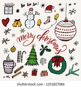 Merry Christmas hand-drawn illustration elements like tree, snowman, snowflakes, presents
 and wreath. Set of  xmas hand drawn doodle drawings.