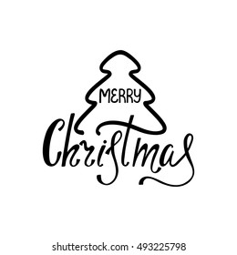 Merry Christmas. Handdrawn inscription for greeting card or invitation. Hand written lettering. Holiday design.