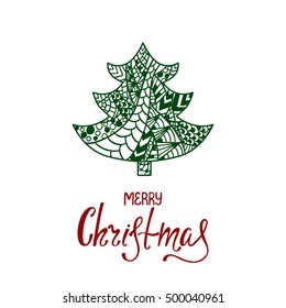 Merry Christmas. Handdrawn inscription for greeting card or invitation. Hand written lettering with ornamental fir. Holiday design.
