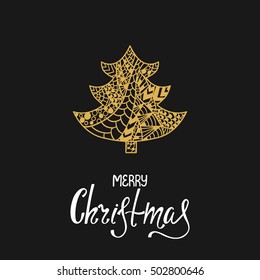 Merry Christmas. Handdrawn inscription for greeting card or invitation. Hand written lettering with ornamental fir. Holiday design.