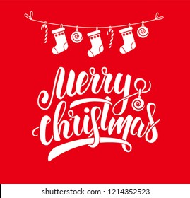 Merry Christmas hand-drawn lettering for greeting card, banner, doodle style, vector. Isolated on background