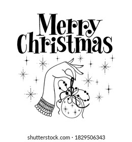 Merry Christmas hand-drawn lettering quote. Text for social media, print, postcard, posters, promotional gifts, landing pages, web design element. Vector black lettering isolated on white background.