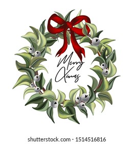 Merry Christmas hand-drawn watercolor leaves of evergreen winter plants, green holiday wreath with red bow decoration. Xmas trendy vintage greeting in vector.