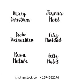 Merry Christmas handlettered card designs. Christmas phrases on different languages. Merry Christmas. Feliz navidad.  Joyeux Noel. Feliz Natal. Buon Natale. Frohe Weinachten.