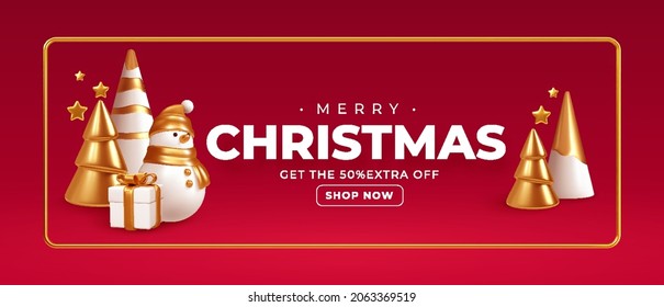 Merry Christmas Handmade holiday background. White gold Christmas ornaments on a red background. Realistic 3d Christmas background. Vector illustration EPS10