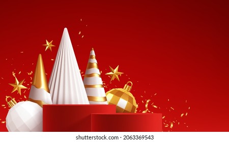 Merry Christmas Handmade Holiday Background.Red product podium with white and gold Christmas decorations on a red background. Vector illustration EPS10