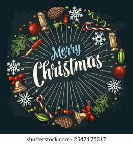 Merry Christmas handwriting calligraphy lettering. Circle shape with gingerbread, candy, mistletoe, bell, serpentine, rocket, snowflake, pine cone, fir branch, toy. Vector vintage color engraving