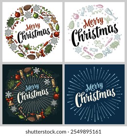 Merry Christmas handwriting calligraphy lettering. Circle shape with gingerbread, candy, mistletoe, bell, serpentine, rocket, snowflake, pine cone, fir branch, toy. Vector vintage color engraving