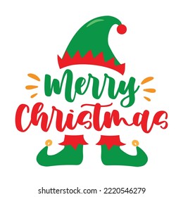 Merry Christmas - handwriting greeting with elf hat and elf shoes.
Good for greeting card, poster, T shirt print, label, and other gifts design.