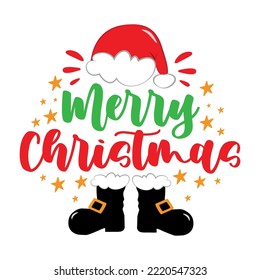 Merry Christmas - handwriting greeting with Santa's hat and boots. Good for greeting card, poster, T shirt print, label, and other gifts design.