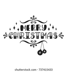 Merry Christmas. Handwriting inscription for greeting card, invitation, postcard, print. Typography holiday message. Black and white vector illustration. 