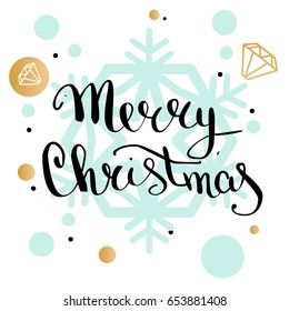 Merry Christmas handwriting lettering greeting card with geometric form, snowflake,  diamond. low poly style jewel shape in golden glitter background. Calligraphy lettering. Vector illustration EPS 10