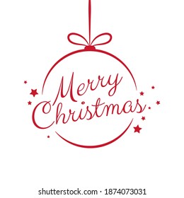 Merry Christmas handwriting lettering red ribbon decoration ball party concept banner vector illustration.