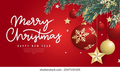 Merry Christmas handwriting on red background with Christmas ball  , element in Christmas holiday , Flat Modern design , illustration Vector EPS 10
