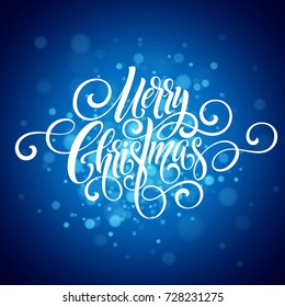 Merry Christmas handwriting script lettering. Christmas greeting background with snowflakes. Vector illustration EPS10