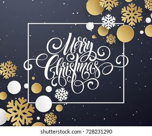 Merry Christmas handwriting script lettering. Golden, white, black Christmas greeting background with snowflakes. Vector illustration EPS10