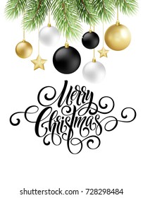 Merry Christmas handwriting script lettering. Greeting background with a Christmas tree and decorations. Vector illustration EPS10