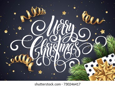 Merry Christmas handwriting script lettering. Christmas congratulatory background with a gift, streamers, confetti. Vector illustration EPS10