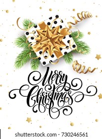 Merry Christmas handwriting script lettering. Christmas greeting background with a gift, streamers, confetti. Vector illustration EPS10