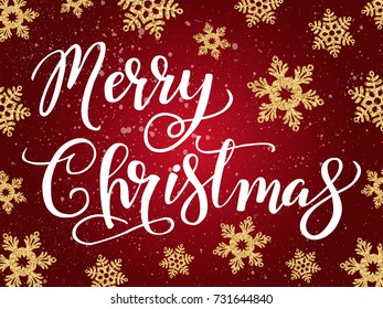 Merry Christmas handwriting script lettering. Christmas greeting  with snowflakes on red background. Vector illustration EPS10
