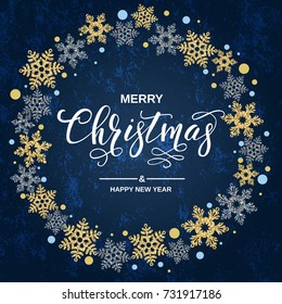 Merry Christmas handwriting script lettering. Christmas greeting  with snowflakes on blue background. Vector illustration EPS10