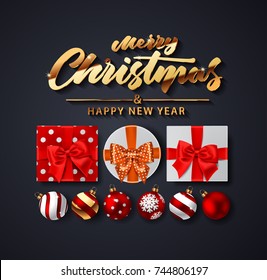 Merry Christmas handwriting script lettering. Christmas congratulatory background with a gifts and balls