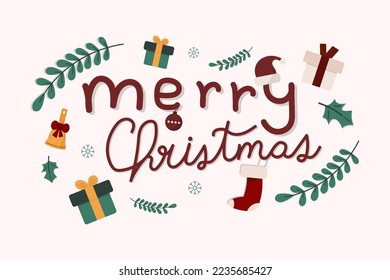 Feliz Navidad, escritura a mano y antecedentes de elementos de navidad. Cartel de la plantilla de ilustración del vector.