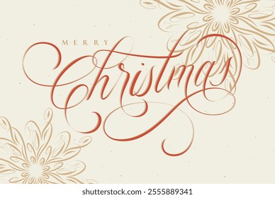 Merry Christmas handwritten calligraphic lettering with floral arrangement drawing with red on beige color background