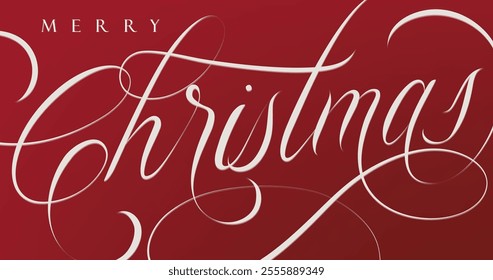 Merry Christmas handwritten calligraphic lettering with floral arrangement drawing on red color background