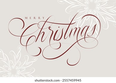 Merry Christmas handwritten calligraphic lettering with floral arrangement drawing on coffee color background