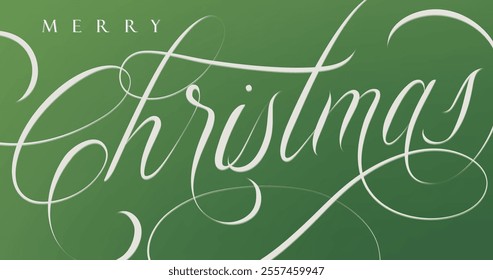 Merry Christmas handwritten calligraphic lettering with floral arrangement drawing on green color background