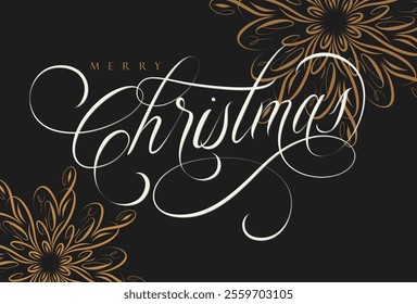 Merry Christmas handwritten calligraphic lettering with floral arrangement drawing on black background