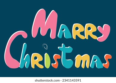 Merry Christmas handwritten design isolated on blue background. Holiday illustration element. Decoration for gift wrapping paper, fabric, clothing, textile. Christmas theme