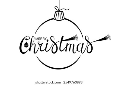 Merry Christmas handwritten lettering with big Christmas tree ball and scarf. Xmas text isolated on white for design postcard, poster, banner.