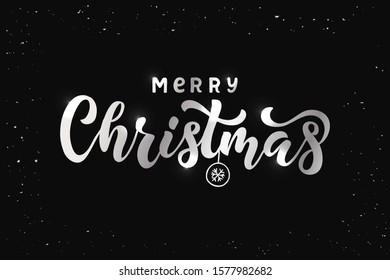 Merry Christmas - handwritten lettering calligraphy for postcard, invitation, print, poster, banner, web. Silver text isolated on black background.