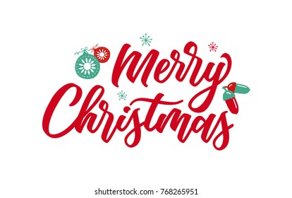 Merry Christmas handwritten lettering, calligraphy with light background for logo, banners, labels, postcards, invitations, prints, posters, web. Vector illustration