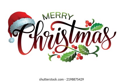 Merry Christmas handwritten lettering design with Santa hat,  mistletoe leaves and holly berry. Vector illustration. 