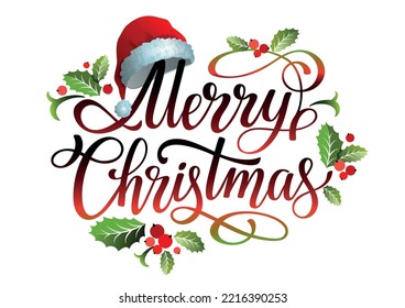 Merry Christmas handwritten lettering design with red Santa hat,  mistletoe leaves and holly berry. Christmas element. Vector illustration. 