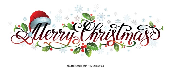 Merry Christmas handwritten lettering design with red Santa hat,  mistletoe leaves and snowflakes. Christmas element. Vector illustration. 