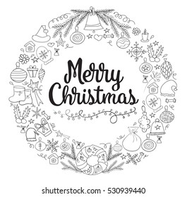 Merry Christmas handwritten lettering with doodles. Black and white vector holiday illustration. Greeting card. 