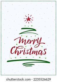 Merry Christmas handwritten Lettering, modern brush calligraphy. A Christmas tree is made of the text, pen stroke, red star and decorations. For greeting card, postcard, web, print, poster.