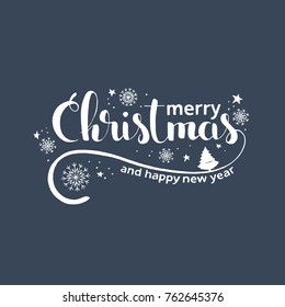 Merry Christmas handwritten lettering. Modern vector hand drawn calligraphy with christmas tree, stars and snowflakes over grey background for your poster, postcard, invitation or greeting card design
