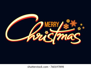 Merry Christmas handwritten lettering. Shining text with snowflakes isolated on black background. Christmas holidays typography in retro style. Vector illustration.