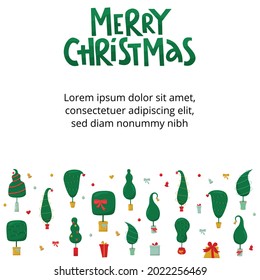 Merry Christmas handwritten lettering sign and Grinch tree   gift boxes  Vector stock illustration isolated white background for template design Christmas sale  greeting card  invitation  EPS10