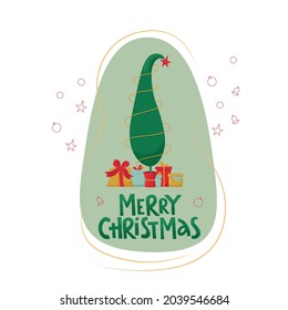 Merry Christmas handwritten lettering sign and Grinch tree   gift boxes  Vector stock illustration isolated white background for template design Christmas sale  greeting card  invitation  EPS10