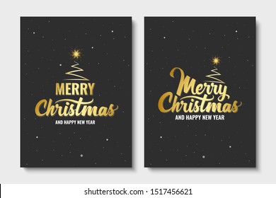 Merry Christmas. Handwritten lettering with Christmas tree and shining star. Golden text. Template for banner, greeting card or invitations. Christmas decoration element. Vector illustration