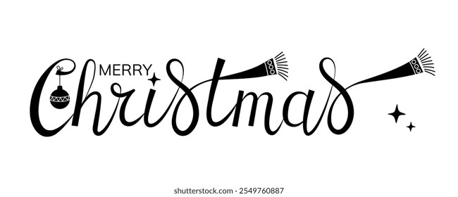 Merry Christmas handwritten lettering with Christmas tree ball and scarf. Xmas text isolated on white for design postcard, poster, banner.