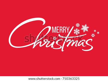 Merry Christmas handwritten lettering. White text with snowflakes isolated on red background. Christmas holidays typography. Vector illustration.