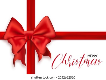 Feliz texto manuscrito de Navidad aislado en fondo blanco, ilustración vectorial. Cinta de seda roja, concepto actual, letras caligráficas tipográficas, tarjeta de saludo creativo para banners.